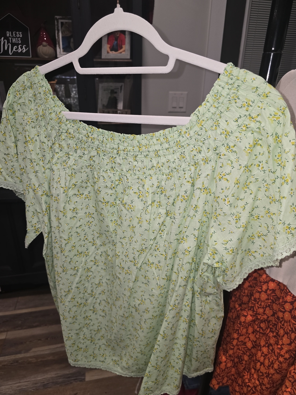 EASEL Light Green Floral Smocked Off-Shoulder Top